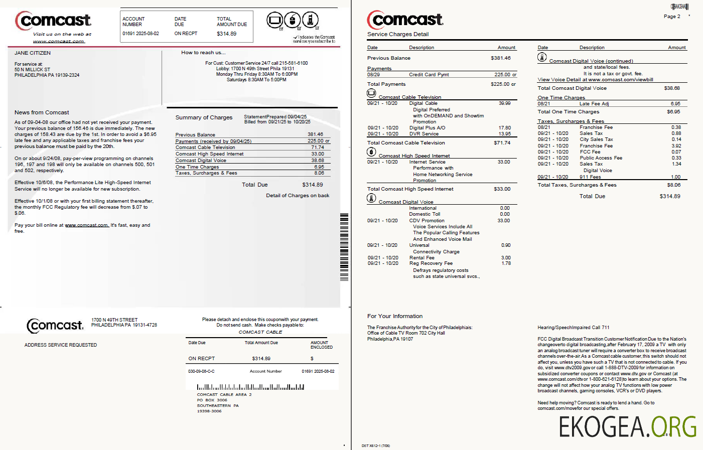 USA Comcast utility bill template in Word and PDF formats, 2 pages, version 2